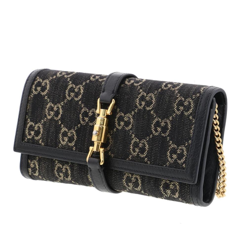 Gucci Jackie Denim Black Bag Chain Shoulder Gold GG Wallet